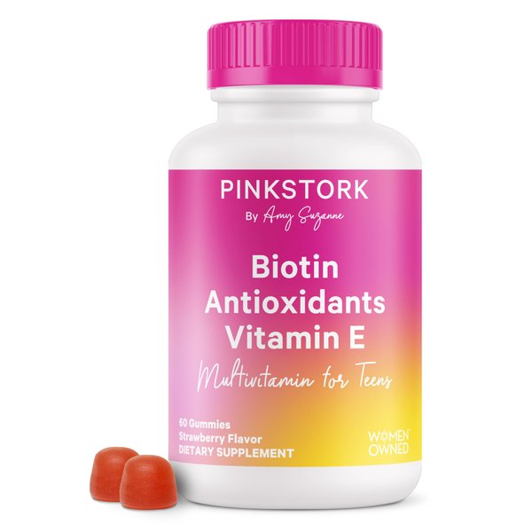 Pink Stork Biotin, Antioxidants, Vitamin E Multivitamin for Teens - Clinically Studied Vitamins + Nutrients for Teens - Beautiful Hair, Radiant Skin, Strong Nails, + Immune Support - 60 Berry Gummies