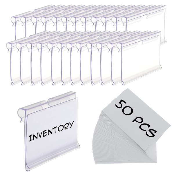 50pcs Labels for Storage Bins Plastic Label Clip, Basket Labels Clip On Wire Shelf Price Label Holder Merchandise Sign Display Holder, 50pcs Label Insert Included