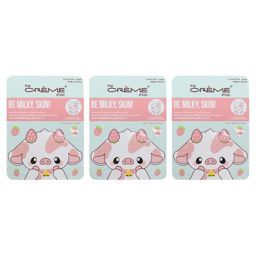 The Crème Shop Be Milky, Skin! Animated Strawberry Cow Face Mask - Vegan Collagen Infused Sheet Mask for Brightening Dark Spots - Youthful, Pure Glow - Soothes & Brightens Complexion (3 Pack)