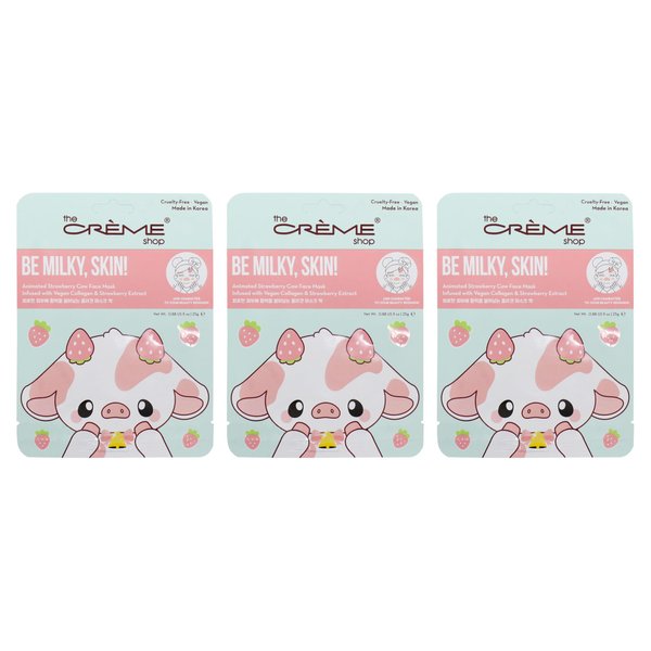 The Crème Shop Be Milky, Skin! Animated Strawberry Cow Face Mask - Vegan Collagen Infused Sheet Mask for Brightening Dark Spots - Youthful, Pure Glow - Soothes & Brightens Complexion (3 Pack)