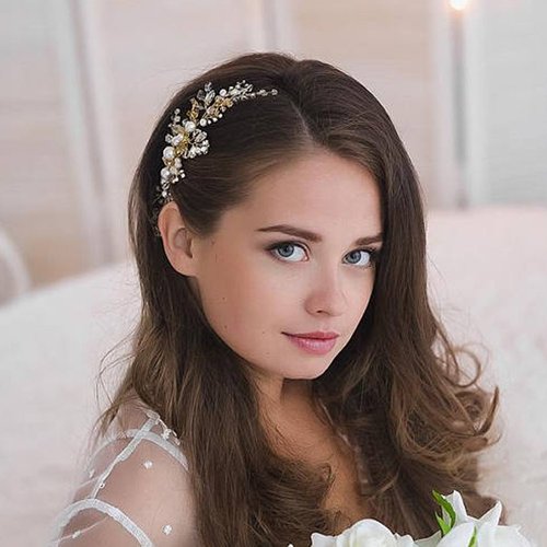 Kercisbeauty Wedding Bridal Bridesmaids Flower Girl Crystal and Pearl Side Hair Comb Slide Headpiece Long Curly Bun Hair Accessories for Prom (Gold)