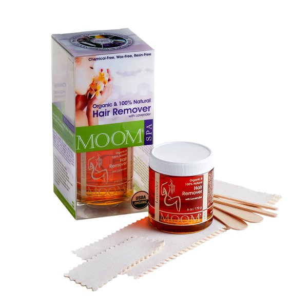 MOOM - Organic Sugar Wax Hair Removal Kit, For Underarm, Face and Bikini Zone, Waxing Kit Includes Sugar Wax Infused with Lavender, Wax Strips & Waxing Sticks, Ideal for Sensitive Skin - 6 ounces
