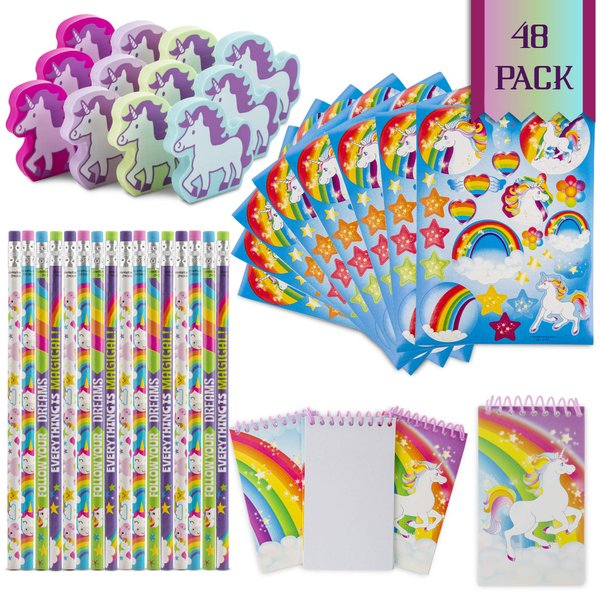 Favinor* Unicorn Stationary Party Souvenirs Favors 48 Gift Pack * * 12 Erasers * * 12 Themed Booklets * * 12 Pencils * * 12 Stickers - Kids Birthday Party Supplies Bulk Set - Ideal As Party Favor,