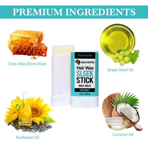 STUDIO LIMITED Instant Fab Edge Control Hair Wax Sleek Stick Max Hold 0.53oz/ 15g, Non-greasy Styling Hair Pomade Stick, Hair Wax Stick for Hair, Wax Stick for Flyaways Hair (Coconut, 2 Pack)