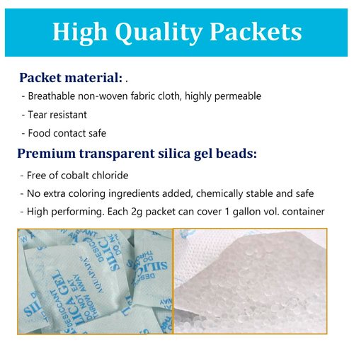 Desiccant Packs 100 Packets 2 Gram Premium Silica Gel Moisture Absorber for Storage Food Contact Safes