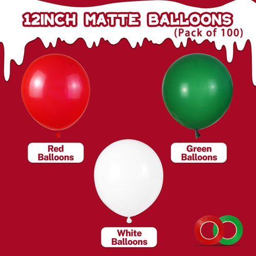 100 Pcs Christmas Red Green Balloons 12 Inch Red Green and White Latex Balloons with 65ft Ribbon for Christmas Birthday Baby Shower Party Decorations
