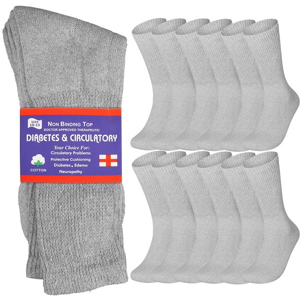 Special Essentials 12 Pairs Cotton Diabetic Crew Socks - Non-Binding Wide Top Comfort & Support for Men & Women Grey 10-13