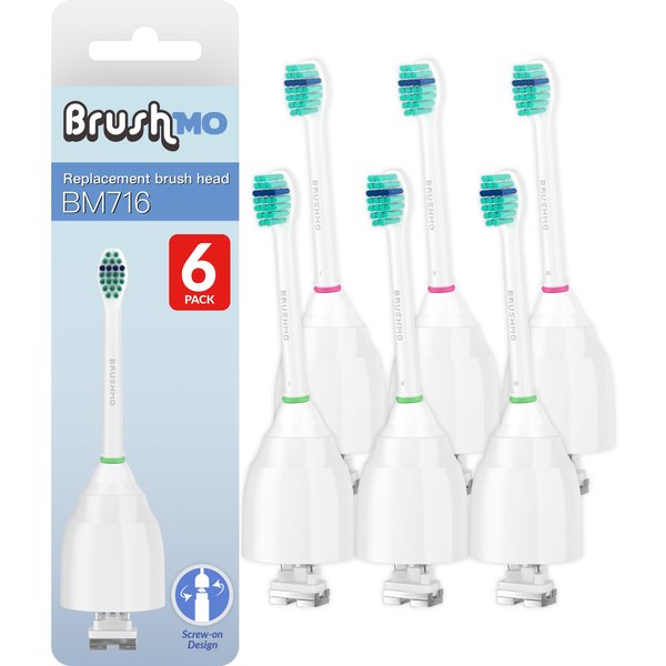 Brushmo Genuine Compact Replacement Toothbrush Heads Compatible with Philips Sonicare E-Series HX7012, fits Essence and Other Screw-On Electric Toothbrush Models, 6 Pack