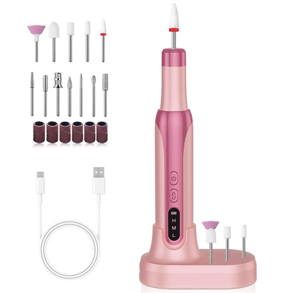 Cordless Nail Drill, High Speed Nail Drill Kit Professional, 3-Speed Change Nail Drill Machine with 12 Nail Drill Bits, Double Mode Charging Efile Nail Drill for Nail Gel Removal Exfoliation (16CM)