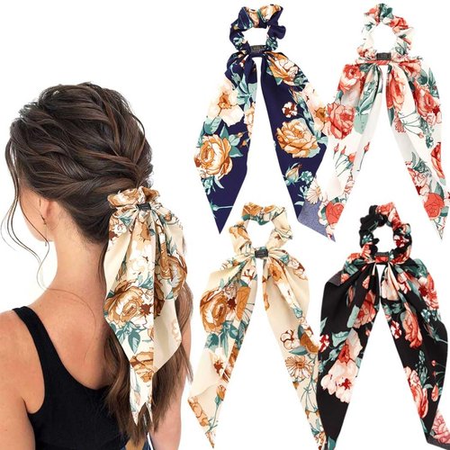 Jewemia Bow Hair Scrunchies for Women Classic Floral Pattern Hair Bands Silk Bowknot Scrunchies Elastic Hair Ties Ponytail Holder Hair Accessories for Women and Girls 4 pcs