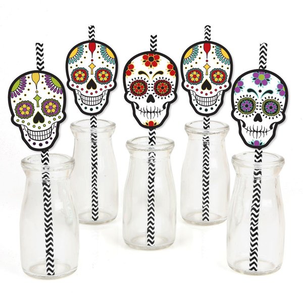 Big Dot of Happiness Day of the Dead - Paper Straw Decor - Halloween Sugar Skull Party Striped Decorative Straws - Set of 24