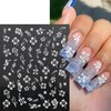 Flower Nail Stickers 3D Hibiscus Flower Nail Stickers Self-Adhesive White Pink Gold Nail Decals Elegant Floral Petal Wavy Line Strip Tropical Leaf Designs for Women Girls Nail Art Supplies(6Sheets)