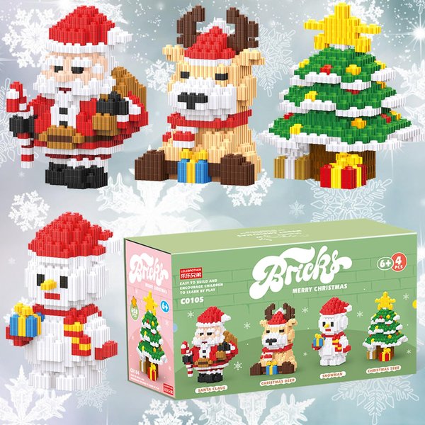 Eqkasio Christmas Stacking Blocks Compatible for Lego Christmas Set 4 in 1 Building Micro Blocks Set Holiday Present Box New Year Birthday Gifts for Kid 7-12 DIY Stocking Stuffers (4 in 1)