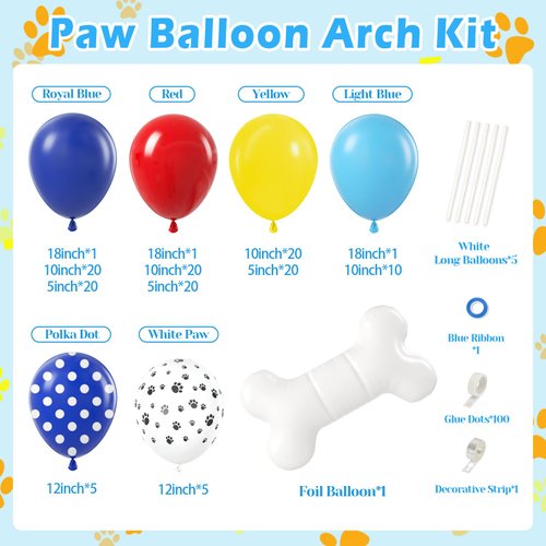 152pcs Paw Balloons Garland Arch Kit, Paw Print Balloons with Dog Bone Foil Balloons Royal Blue Yellow Red Balloons for Baby Shower Paw Themed Birthday Party Decorations