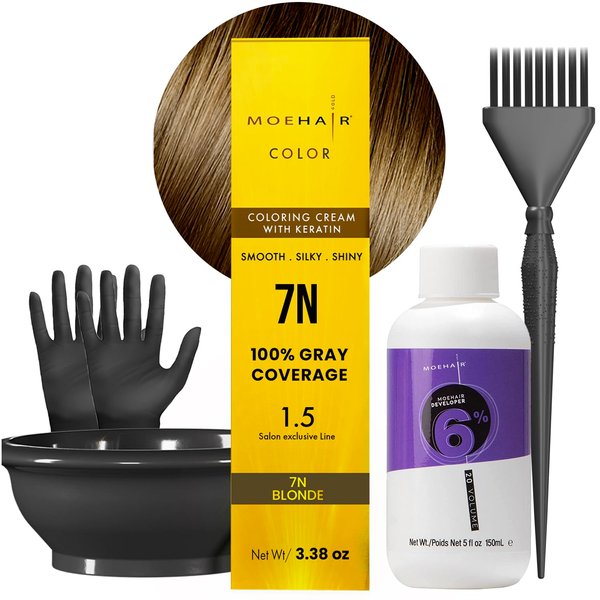 MOEHAIR Hair Coloring Kit | 7N Permanent Hair Color (Dark Blonde), 20 Volume Developer 6%, Coloring Brush, Gloves & Mixing Bowl | Keratin Infused Color | 100% Gray Coverage | Adds Shines & Softness
