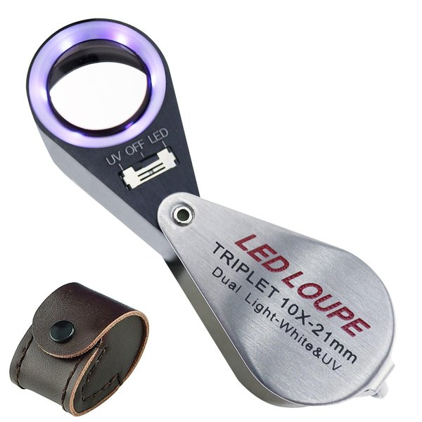 10x Foldable Pocket Magnifier Loupe with UV and LED Light for Jewelry, Rocks, Coins, and Antiques - Illuminated Magnifying Tool for Eye, Stamps, Watches, Hobbies, and Gems