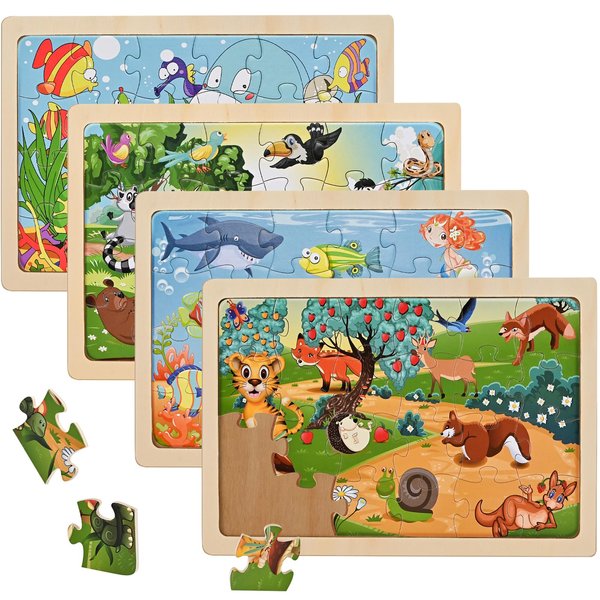 Wooderma Puzzles for Kids Ages 4-6, Wooden Puzzles for Toddlers, 4 Packs 24 PCS Thickened Sea and Animal Puzzle Toys, Preschool Educational Puzzle Toys for Boys and Girls 3 4 5 6 Years Old