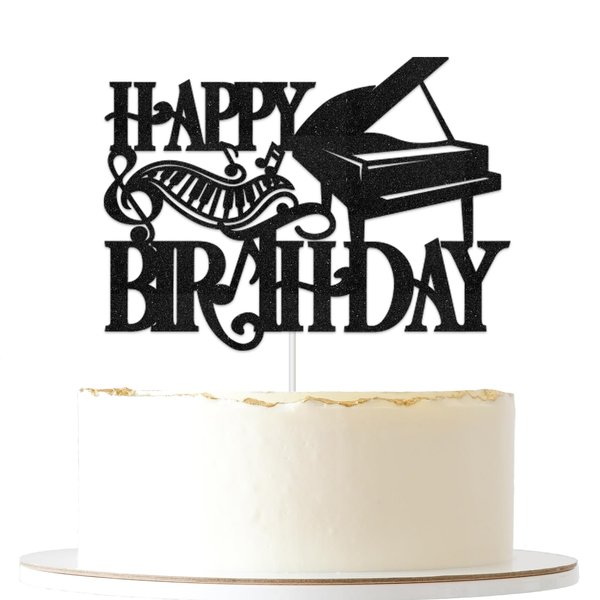 ShuanQ Piano Happy Birthday Cake Topper Black Glitter Musical Themed Cake Decor for Kids Men Women Birthday Party Decoration Musical Party Supplies