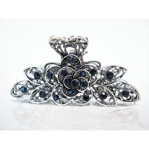 Silver metal flower blue crystal hair claw clip bridal clip medium/fine hair