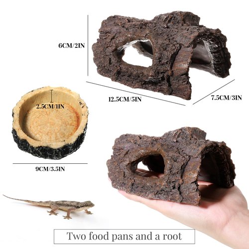 Reptile Hide, Reptile Food Bowls, Lizard Resin Hollow Tree Trunk Hideout, Bearded Dragon Tank Accessories Reptile Water Dish Habitat Tank Decoration for Lizards, Snake, Gecko, 3 Pcs (Brown Rock)