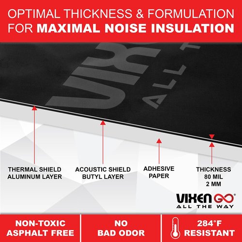 Vixen Go Sound Deadener for Cars 80 mil, 1.3 sqft - Butyl Rubber Auto Insulation & Dampening Mat, Audio & Noise Deadening Material Speaker Kit for Automotive Doors and Rear Deck (2 Sheet Pack)