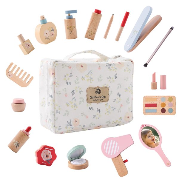 Promise Babe Wooden Makeup Toys Set, Dress-Up Toddler Makeup Kit Pretend for Kids, 2 in 1 Fake Makeup for 3 Years +