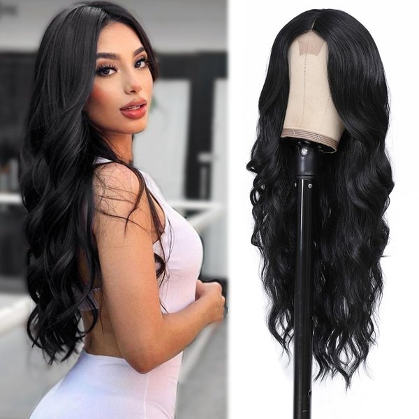 26 Inch Long Black Wavy Wigs for Women Synthetic Body Wave Wig Middle Part with Small Lace Heat Resistant Curly Wig for Daily Party Use