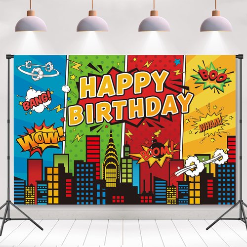 7x5ft Superhero Theme Backdrop for Children Boys Super Heros Comic Skyline Happy Birthday Party Supplies Decoration Baby Shower Backdrop Hero City Banner Decor Photography Backdrop