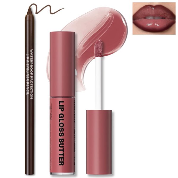 HOSAILY Butter Gloss Moisturizing High Shine Fresh Lightweight Glossy Lip Combo Plumping Lip Gloss for Women Long Wear Lip Glow Oil with Brown Lip Liner Set Non-Sticky Liquid Lipstick Makeup#12