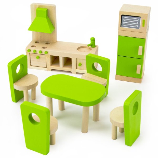 Wooden Dollhouse Furniture|Made of Safe Wood and Bright Water-Based Paint|Compatible with Most Doll Houses|Eat-in Kitchen