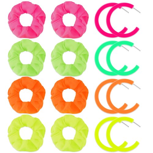 Yunlly 8 Pack Neon Scrunchies for Hair 80s 4 Pairs Neon Earrings for Women Neon Hair Accessories Elastic Hair Bands Hair Tie Jewelry Neon Earring Dangle for Women Girl Party Outfit (Circle Style)