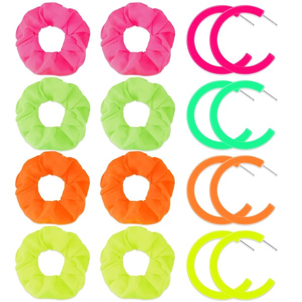 Yunlly 8 Pack Neon Scrunchies for Hair 80s 4 Pairs Neon Earrings for Women Neon Hair Accessories Elastic Hair Bands Hair Tie Jewelry Neon Earring Dangle for Women Girl Party Outfit (Circle Style)