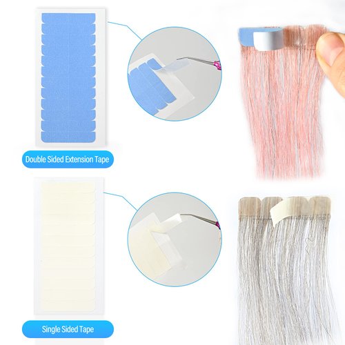 EHDIS Hair Extension Tape Tabs, 3Sheets Double Sided and 3 Sheet Single Side Replacement Tape Adhesive Hair Extension Tapes with Glue Remover Scraper Tool,Hair Comb, Tweezers