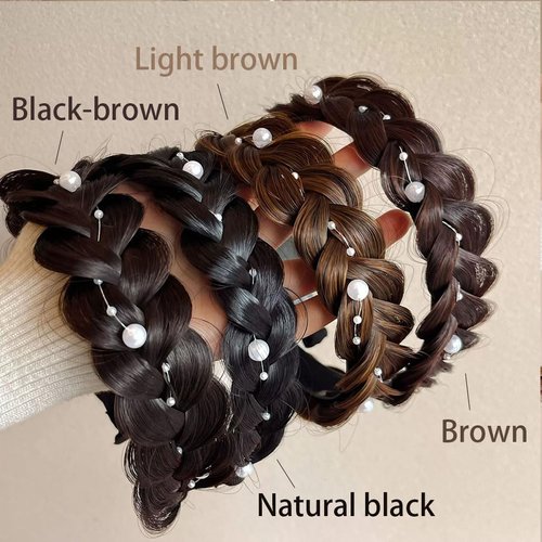 ADASTE Synthetic Hair Braided Hairband Headband Classic Pearls Plaited Hair Bands Messy Hair Stretchy Hair Accessories Fluffy Braids Wig Band for Women and Girls (Light Brown)