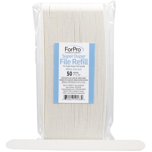 ForPro Professional Collection Super Duper File System Refills, White, 120 Grit, Manicure Nail File, 7” L x .75“ W, 50-Count