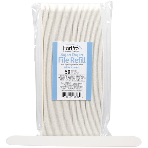 ForPro Professional Collection Super Duper File System Refills, White, 120 Grit, Manicure Nail File, 7” L x .75“ W, 50-Count