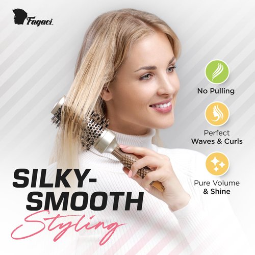 Fagaci Professional Round Brush for Blow Drying with Natural Boar Bristle, Round Brush | Nano Technology Ceramic + Ionic for Hair Styling, Drying, Healthy Hair, Volume | Hair Brush + 4 Styling Clips