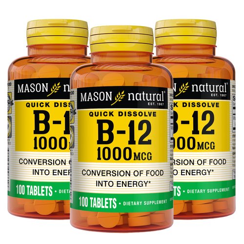 MASON NATURAL Vitamin B12 1000 mcg Quick Dissolve - Healthy Conversion of Food into Energy, Supports Nerve Function and Health, Suitable for Vegetarians, 100 Tablets (Pack of 3)