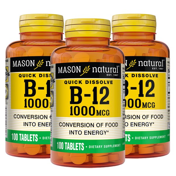 MASON NATURAL Vitamin B12 1000 mcg Quick Dissolve - Healthy Conversion of Food into Energy, Supports Nerve Function and Health, Suitable for Vegetarians, 100 Tablets (Pack of 3)