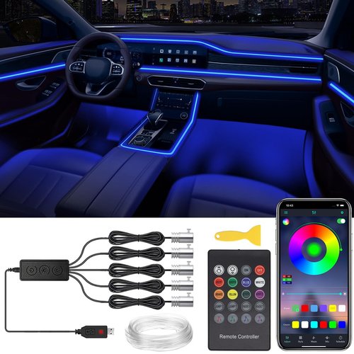 Interior Car Lights, 5 in 1 RGB Car LED Lights with Wireless APP/RF Remote/Button Control, Ambient Lighting Kit with 236 Inch Fiber Optic, Music Mode USB Neon Light Strip
