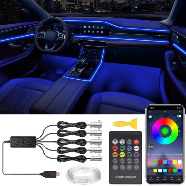 Interior Car Lights, 5 in 1 RGB Car LED Lights with Wireless APP/RF Remote/Button Control, Ambient Lighting Kit with 236 Inch Fiber Optic, Music Mode USB Neon Light Strip