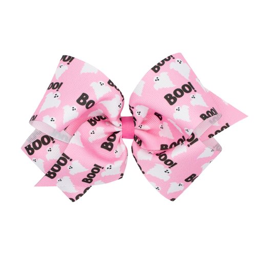 Wee Ones Girls Halloween-themed Pink Boo Ghost Printed Grosgrain Hair Bow, Pink Boo, King