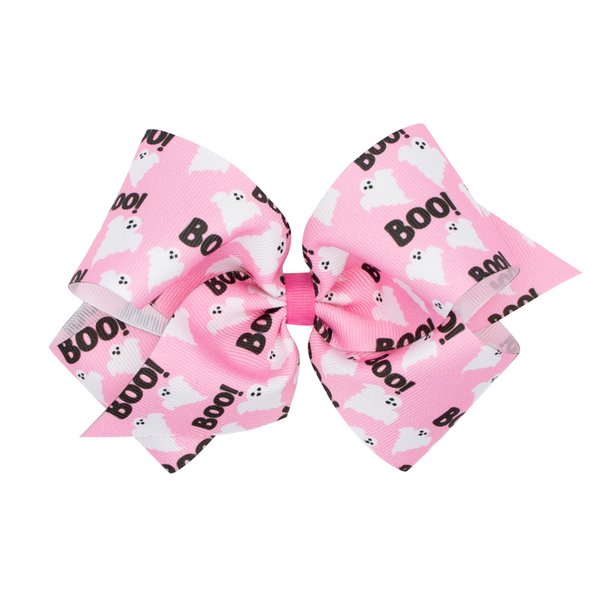 Wee Ones Girls Halloween-themed Pink Boo Ghost Printed Grosgrain Hair Bow, Pink Boo, King