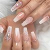 Glitter Gradient Pink Press on Nails Medium Ballerina Fake Nails Luxurious Crystal Gem Design False Nails with Glue on Nails Artificial Acrylic Nails Bling Square Stick on Nails for Women Girls