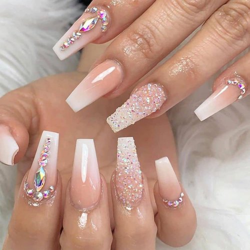 Glitter Gradient Pink Press on Nails Medium Ballerina Fake Nails Luxurious Crystal Gem Design False Nails with Glue on Nails Artificial Acrylic Nails Bling Square Stick on Nails for Women Girls