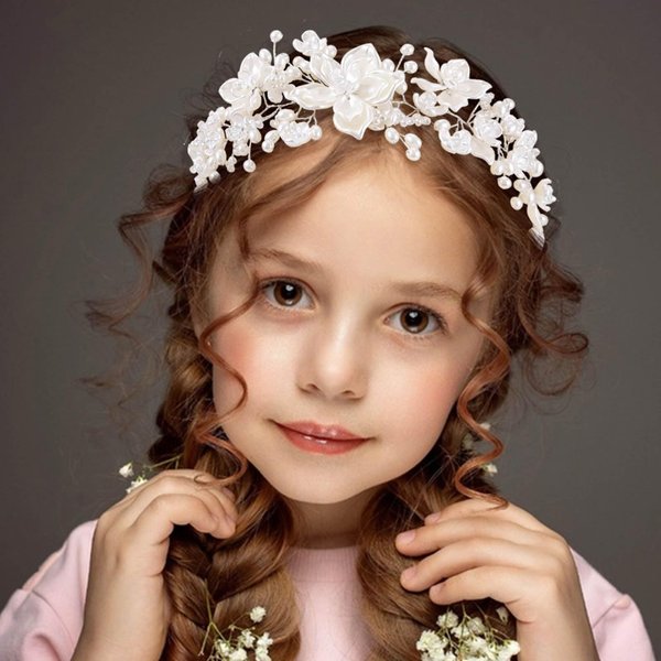 Woeoe Princess Flower Girl Headpiece White Pearl Headband Floral Bridal Hair Accessories for Communion Wedding Prom Photography