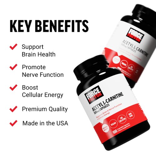 Force Factor Acetyl L-Carnitine Brain Supplement, Nerve Support Supplement, and Cellular Energy Booster, Acetyl L-Carnitine 500mg, Premium Quality, Vegan, Non-GMO, 100 Vegetable Capsules