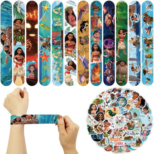 98 Pieces Moana Party Supplies, Moana Theme Slap Bracelets and Stickers Moana Party Favors for Kids Birthday Party