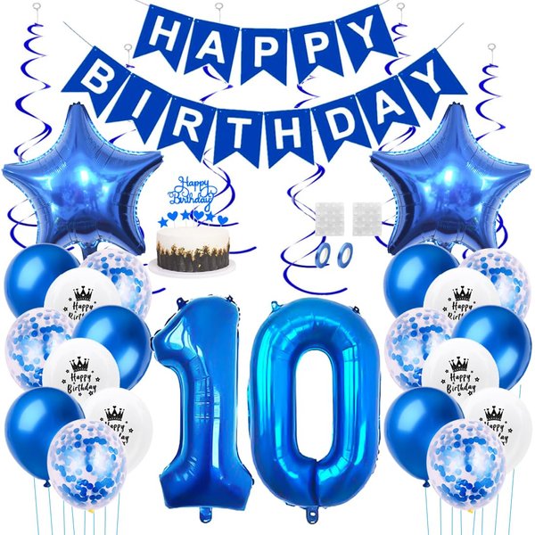 Daimay 10th Birthday Party Decorations Blue Happy Birthday Banner Flag Latex Confetti Balloons Number 10 Foil Balloon Star Mylar Balloons Cake Topper for Men Women Anniversary Party Supplies