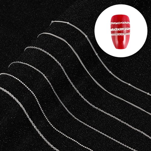 6 Strips Chain Nail Charms,Nail Chains 3D Nail Art Charms Silver Chain Accessories Supplies,Metal Punk Nail Caviar Beads for Nails,DIY Women Nail Art Decoration
